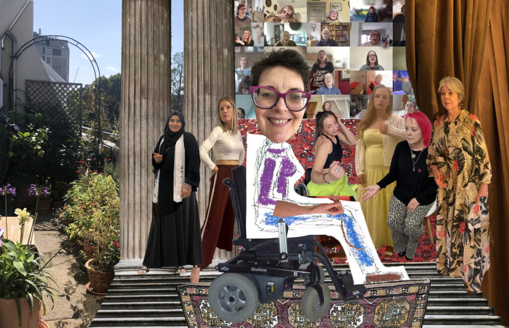 Montage of a garden in which sits a woman with short hair, wearing glasses, she sits in a wheelchair and part of her figure is hand drawn, with the face, chair and arm collaged from photographs. Standing behind her on a stone staircase are are 6 women, Next to the steps on the left is a pillar and a curtain as though from a stage is to the right, between which is a screen showing a zoom meeting. 