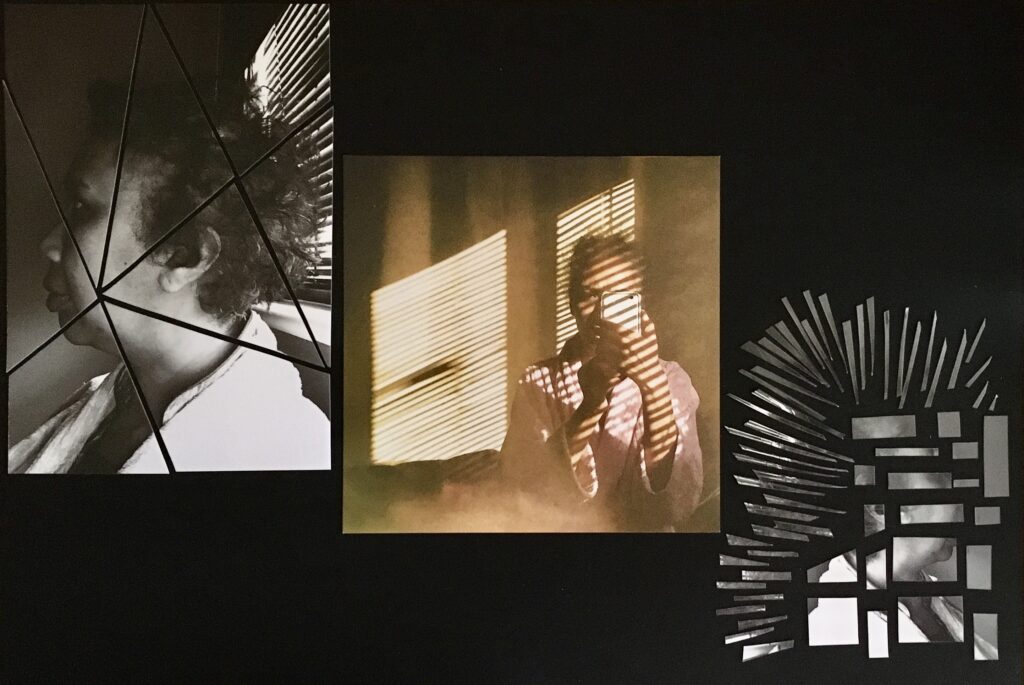  Monochrome and Sepia photographic collage. Left panel: A black-and-white side profile of a woman, overlaid with angular shard-like lines. Center panel: A sepia tinted photograph of woman lit through window blinds, creating striped shadows across their face.  Right panel: A silhouetted head filled with geometric cutouts and radiating lines.