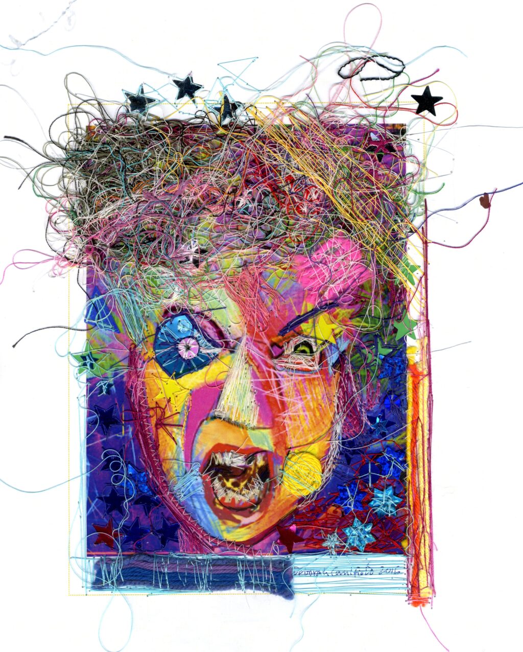 Vibrant image in multi colours, A woman with lines and stars wiggling emitting from the top of the head to show intensity of thought.