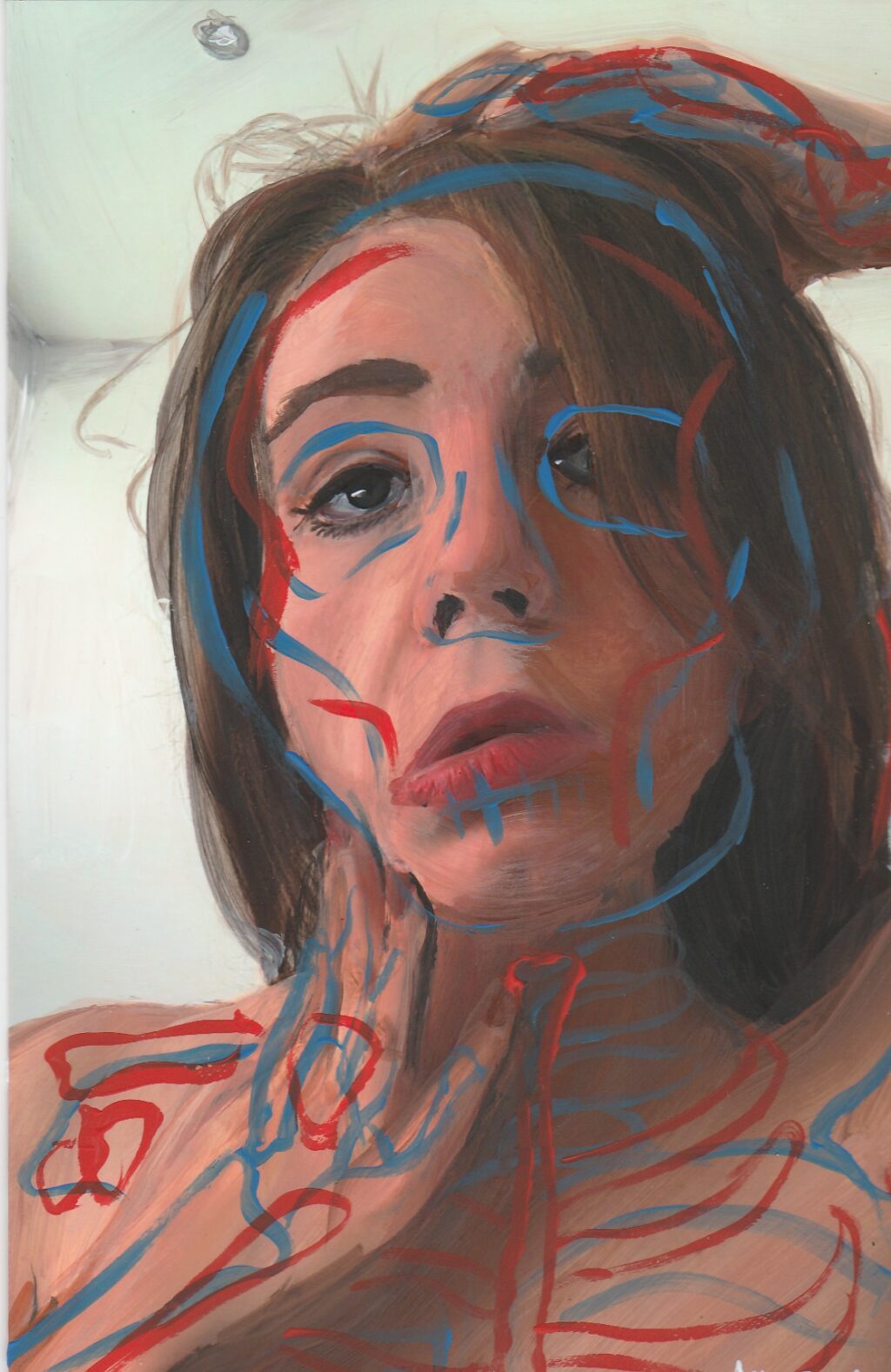 Portrait of a woman holding her hand to her mouth and onto of her head, overlaid with expressive brush lines in blue and red.