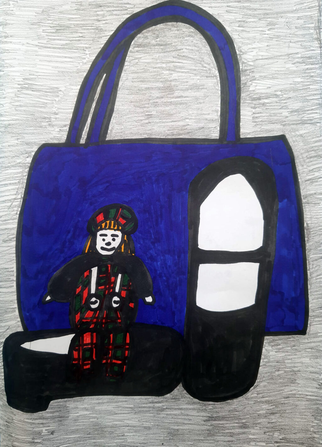 A felt tip drawing of a doll dressed in red tartan clothes inside one of a pair of black shoes resting against a bright blue handbag. The background is grey pencil.