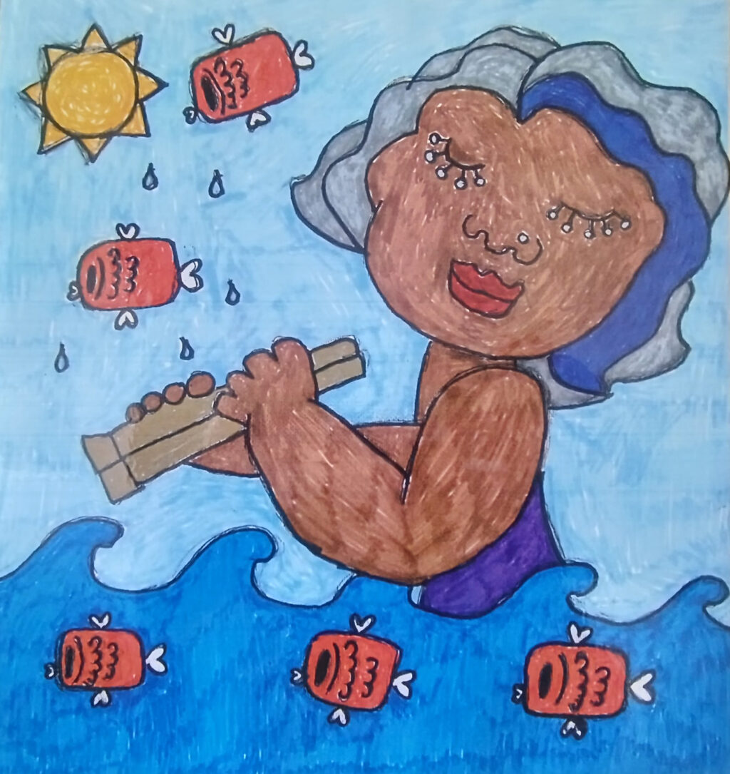 A felt tip drawing of a woman with dark-toned skin and grey hair with a blue streak emerges from waves. Her eyes are closed and she is smiling. She holds a spotting scope and is surrounded by fish, two of which are leaping out of the water. The sun shines down from the left hand top of the image.